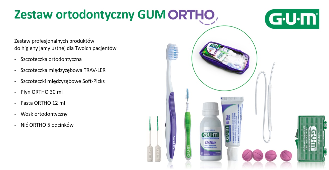 Sunstar GUM Ortho Kit to kompleksowy zestaw przeznaczony do codziennej higieny jamy ustnej dla osób noszących aparaty ortodontyczne